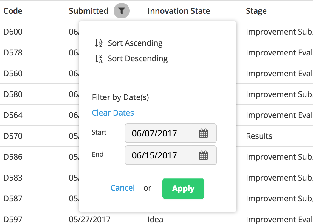 Brightidea Filter by Date