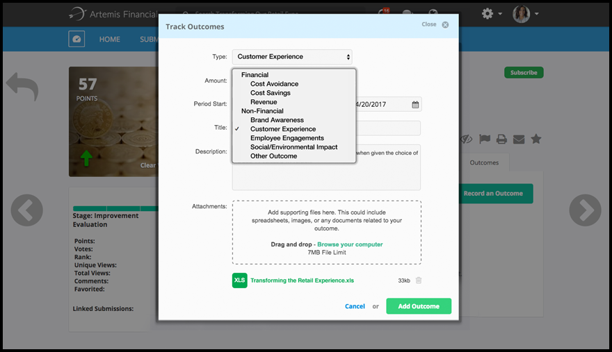 Brightidea Optimize Outcome Tracking